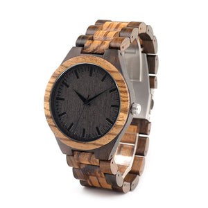 Bamboo Watch with Round Vintage Zebra Wood Case and Ebony Bamboo Wood Face, Model 902 - Bamboobud