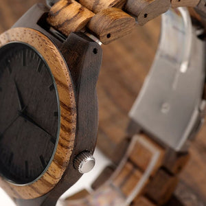 Bamboo Watch with Round Vintage Zebra Wood Case and Ebony Bamboo Wood Face, Model 902 - Bamboobud