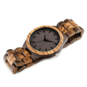 Bamboo Watch with Round Vintage Zebra Wood Case and Ebony Bamboo Wood Face, Model 902 - Bamboobud
