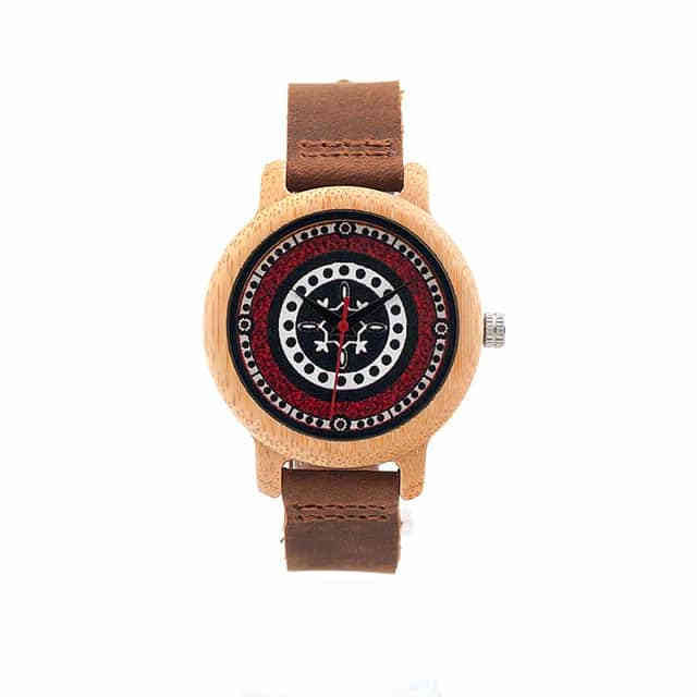 Bamboo Watch for women in red circle pattern round face, Model BB912 - Bamboobud