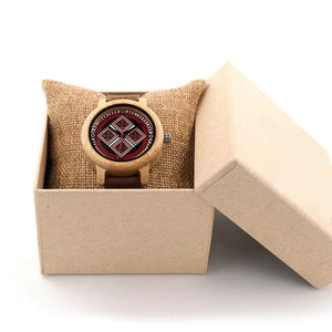 Bamboo Wristwatch for Women in Round Face red square pattern, Model BB910 - Bamboobud