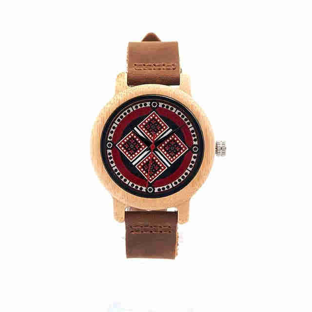 Bamboo Wristwatch for Women in Round Face red square pattern, Model BB910 - Bamboobud