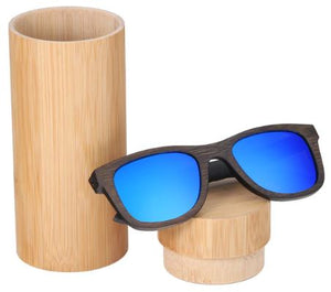 Bamboo sunglasses men, women polarized UV400 mirror all wood sunglasses, color blue with tube case, Model BB412 - bamboobud.com