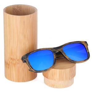 Bamboo sunglasses men women rugged design polarized UV400 all wood sunglasses, color blue with tube case, Model BB718 - bamboobud.com