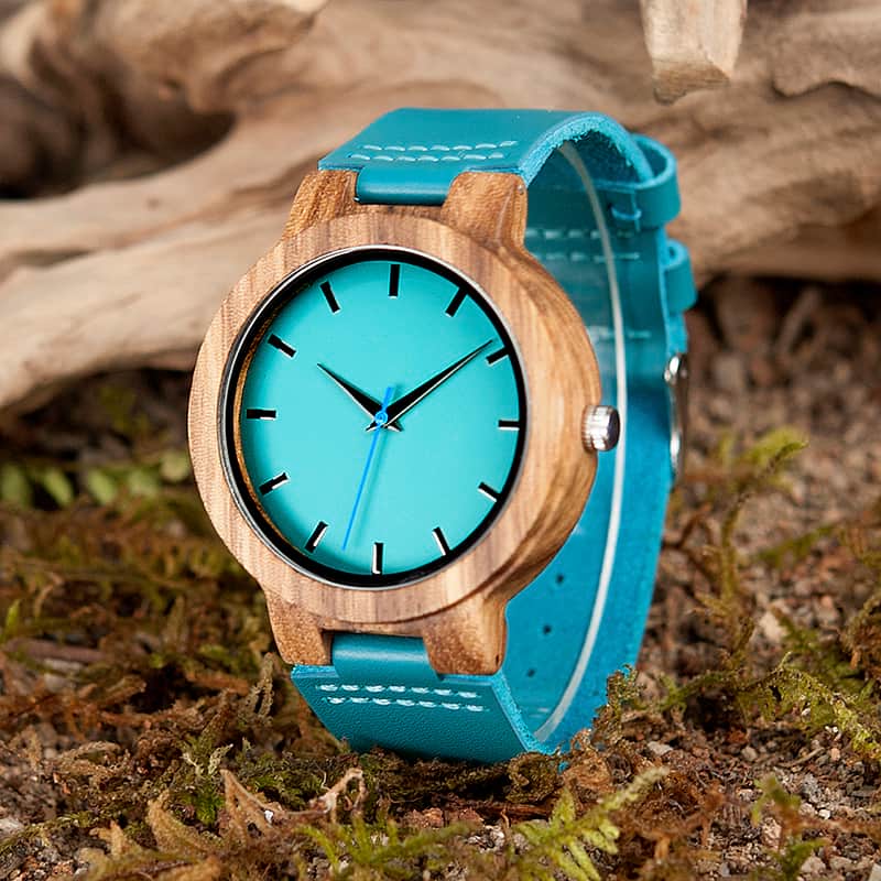 Bamboo Watch Japanese Quartz with Blue Leather Strap and matching Blue Face, Model BB936 - Bamboobud
