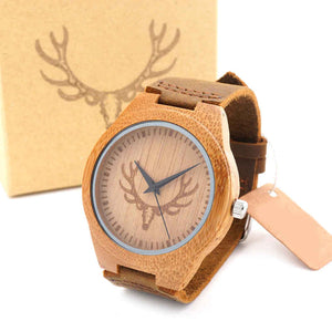 Bamboo Watch Wooden Deer Quartz Watch with Real Leather Strap, Model BB938 - Bamboobud