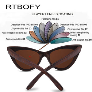 RTBOFY Bamboo Vintage Cat Eye Polarized UV400 Sunglasses for Women