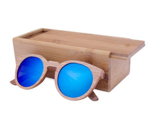 Round Bamboo Wood Sunglasses Polarized UV400, color blue with box case, Model BB267 - bamboobud.com