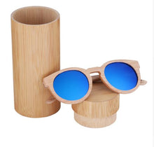 Round Bamboo Wood Sunglasses Polarized UV400, color blue with tube case, Model BB267 - bamboobud.com