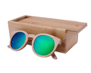 Round Bamboo Wood Sunglasses Polarized UV400, color green with box case, Model BB267 - bamboobud.com
