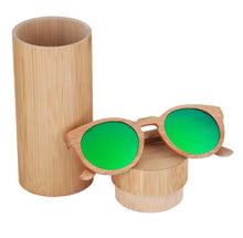 Round Bamboo Wood Sunglasses Polarized UV400, color green with tube case, Model BB267 - bamboobud.com