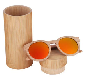 Round Bamboo Wood Sunglasses Polarized UV400, color red with tube case, Model BB267 - bamboobud.com